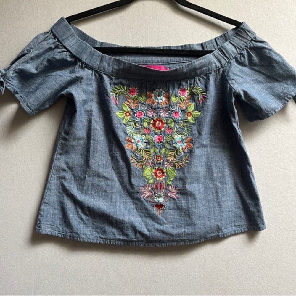 Macbeth Collection Chambray Floral Embroidered Off Shoulder Top XS